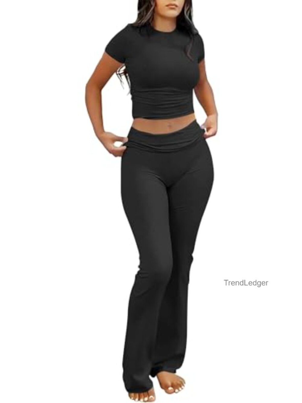 Women's 2 Piece Lounge Set: Cropped Top & High Waist Flare Pants, Rayon Blend,